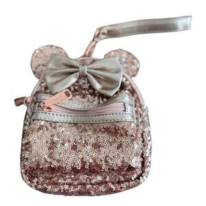 Disney Parks Loungefly Rose Gold Sequined Wristlet / Belt Bag Bow And Ears